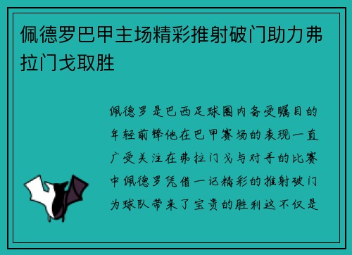 佩德罗巴甲主场精彩推射破门助力弗拉门戈取胜