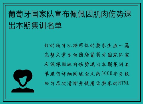 葡萄牙国家队宣布佩佩因肌肉伤势退出本期集训名单 葡萄牙国家队宣布佩佩因肌肉伤势退出本期集训名单